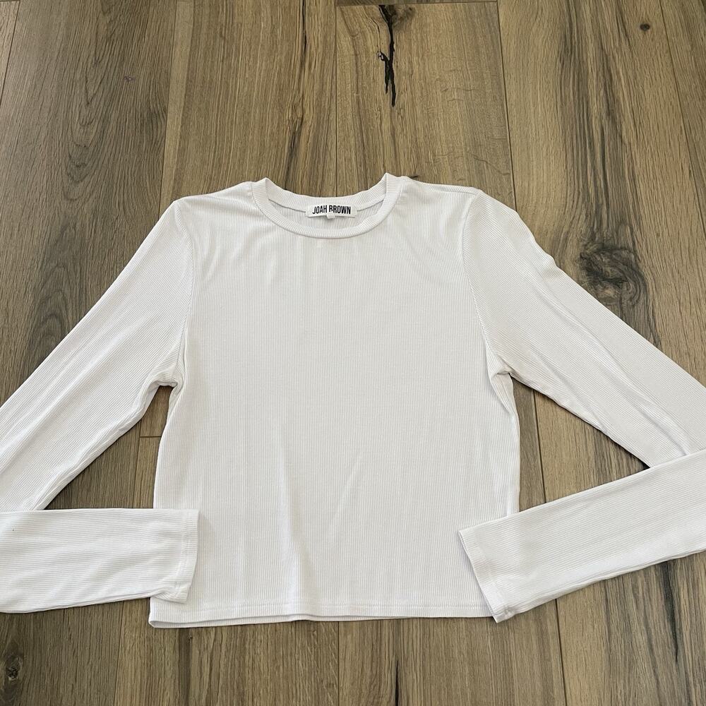 Joah Brown White Crew Neck Ribbed Long Sleeve Shirt Sz M/L Cropped Fitted